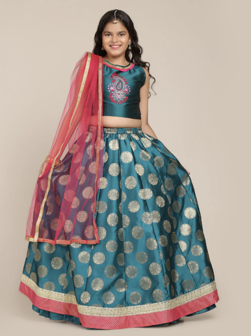 Green & Pink Embroidered Lehenga & Blouse With Dupatta - Image 3